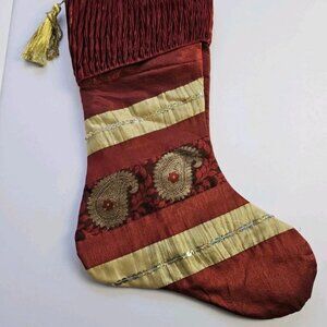 Luxury Holiday Christmas Stocking – Embroidered Paisley & Sequin Accents – 20.5”